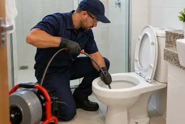 Técnico desentupindo vaso sanitário em São Pedro da Aldeia.