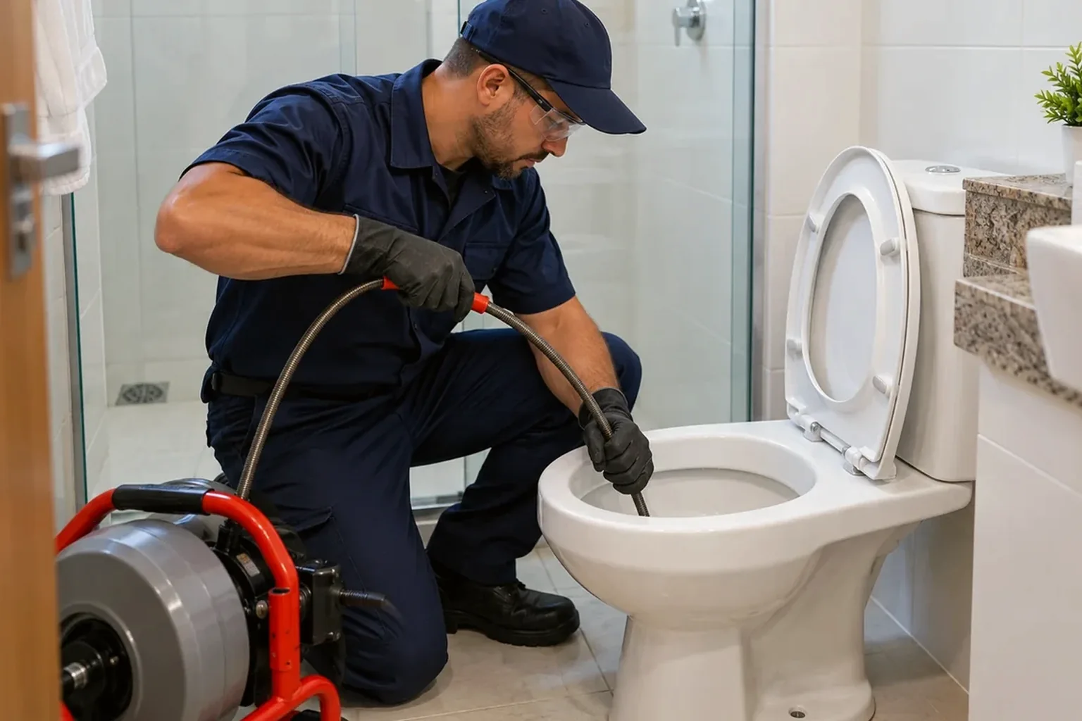 Técnico desentupindo vaso sanitário em São Pedro da Aldeia.