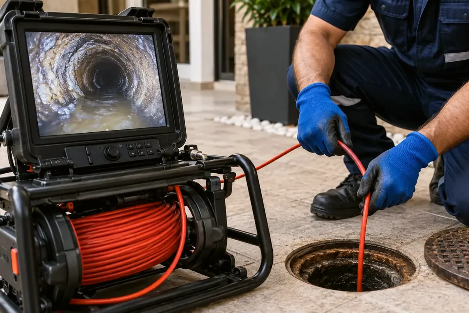 Técnico especializado realizando limpeza de fossa séptica em São Pedro da Aldeia.