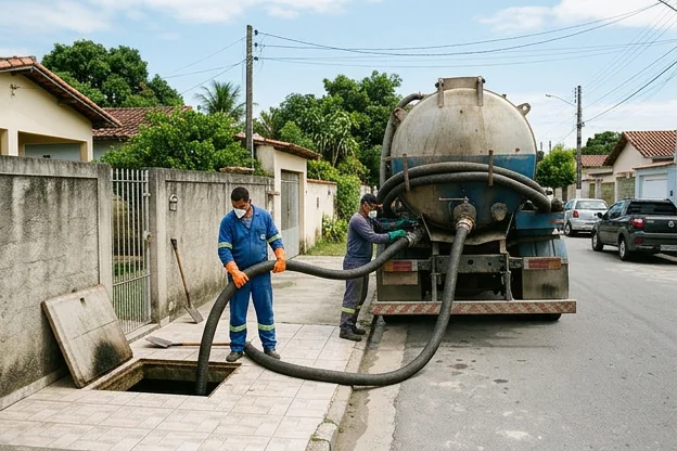 Técnico fazendo limpeza de fossa séptica em São Pedro da Aldeia.