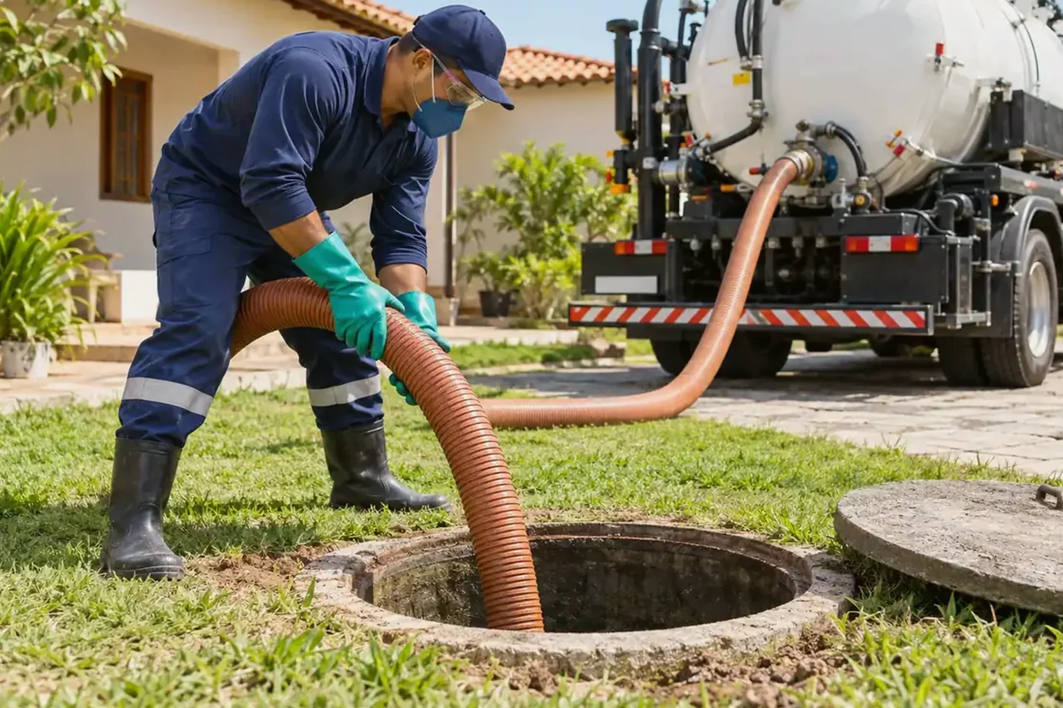 Técnico fazendo manutenção em rede de esgoto em São Pedro da Aldeia.