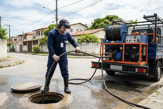 Técnico operando equipamento de hidrojateamento em São Pedro da Aldeia.